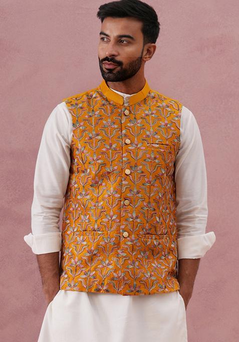 Mustard Embroidery Silk Blend Waistcoat Nehru Jacket For Men
