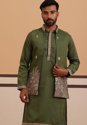 Olive Embroidery Silk Blend Nehru Jacket Kurta Set For Men