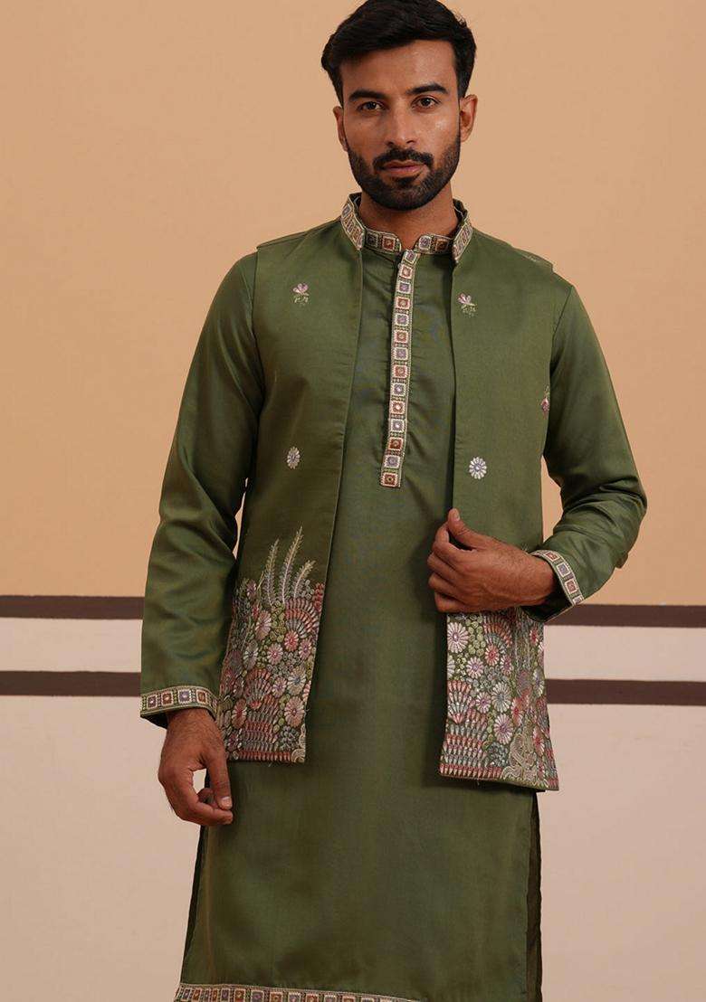 Olive Embroidery Silk Blend Nehru Jacket Kurta Set For Men - Indya