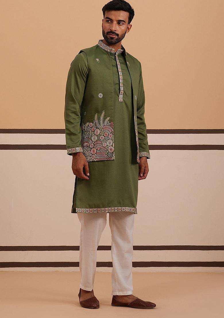 Olive Embroidery Silk Blend Nehru Jacket Kurta Set For Men - Indya