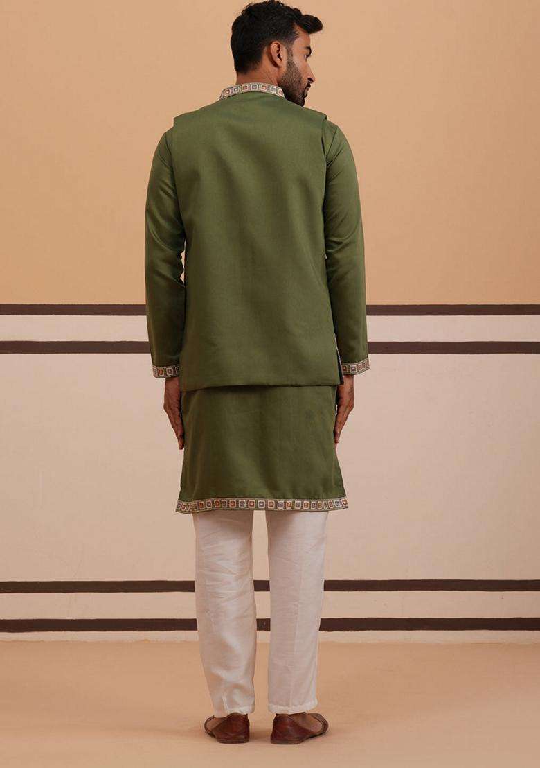 Olive Embroidery Silk Blend Nehru Jacket Kurta Set For Men - Indya