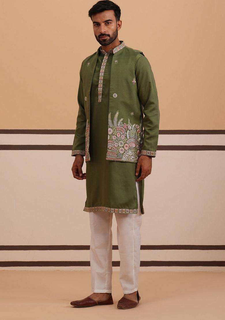 Olive Embroidery Silk Blend Nehru Jacket Kurta Set For Men - Indya