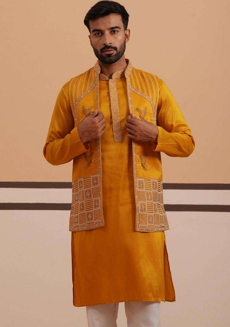 Mustard Embroidery Silk Blend Nehru Jacket Kurta Set For Men - Indya