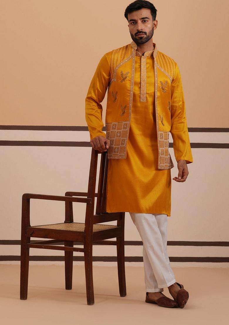 Mustard Embroidery Silk Blend Nehru Jacket Kurta Set For Men - Indya
