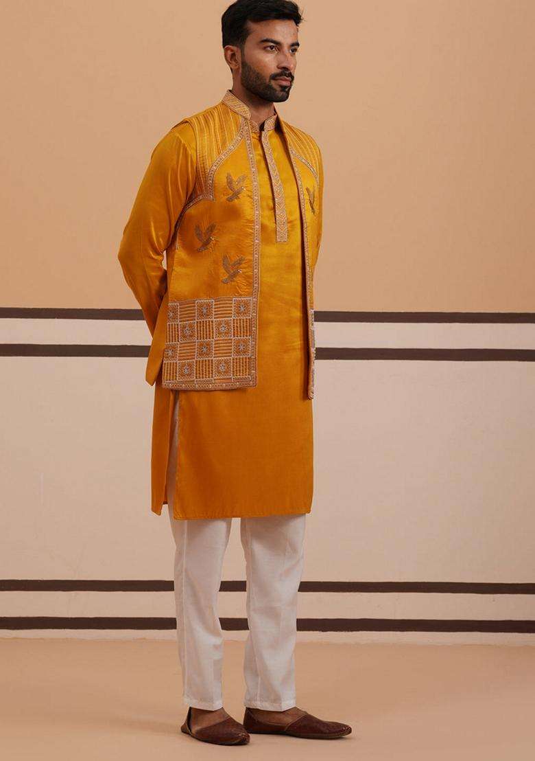 Mustard Embroidery Silk Blend Nehru Jacket Kurta Set For Men - Indya