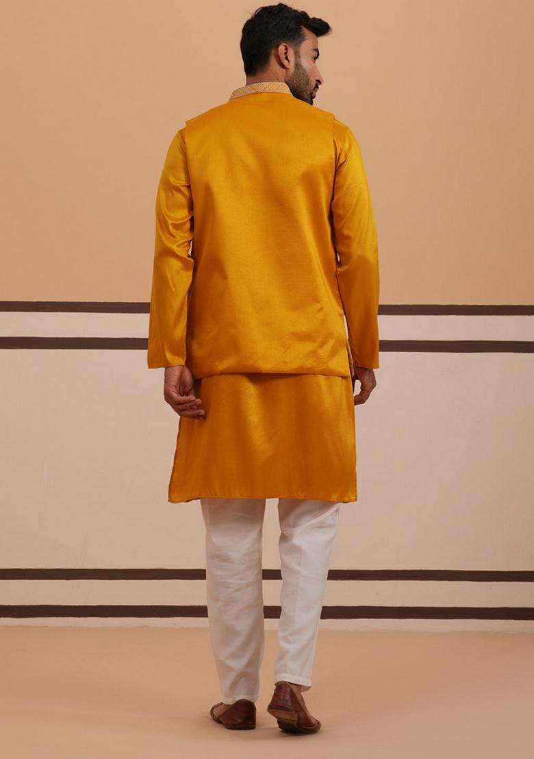 Mustard Embroidery Silk Blend Nehru Jacket Kurta Set For Men - Indya