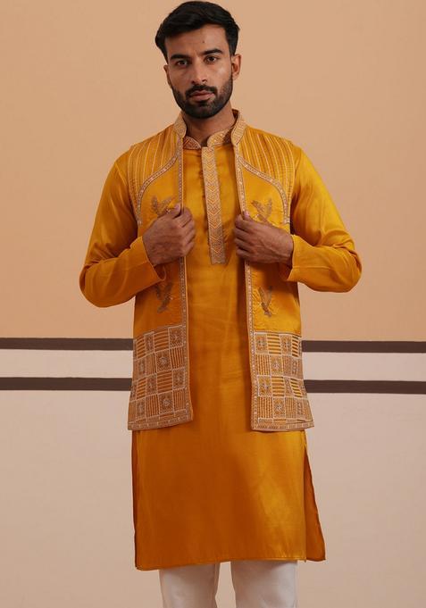 Mustard Embroidery Silk Blend Nehru Jacket Kurta Set For Men