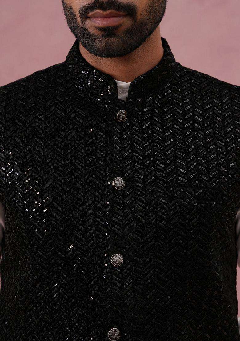Black Embroidery Velvet Waistcoat Nehru Jacket For Men - Indya