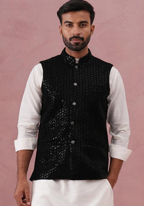 Black Embroidery Velvet Waistcoat Nehru Jacket For Men