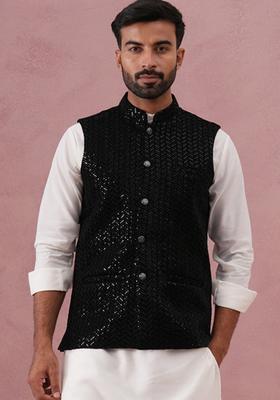 Black Embroidery Velvet Waistcoat Nehru Jacket For Men