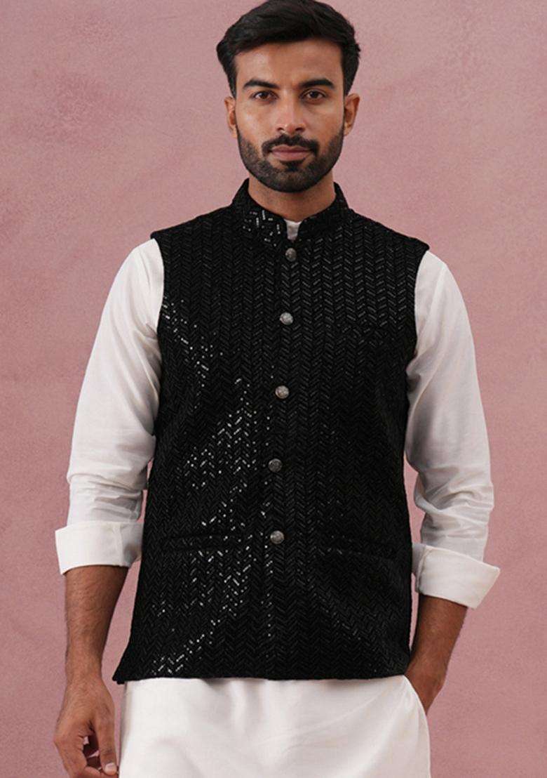 Black Embroidery Velvet Waistcoat Nehru Jacket For Men - Indya