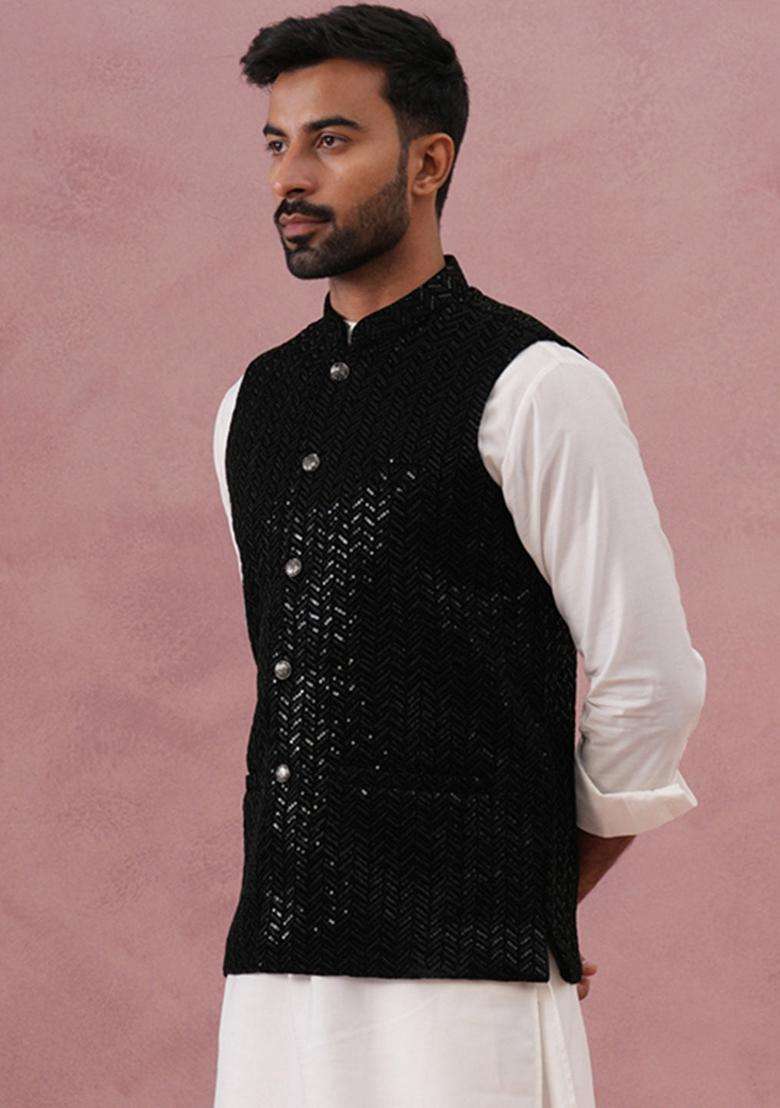 Black Embroidery Velvet Waistcoat Nehru Jacket For Men - Indya