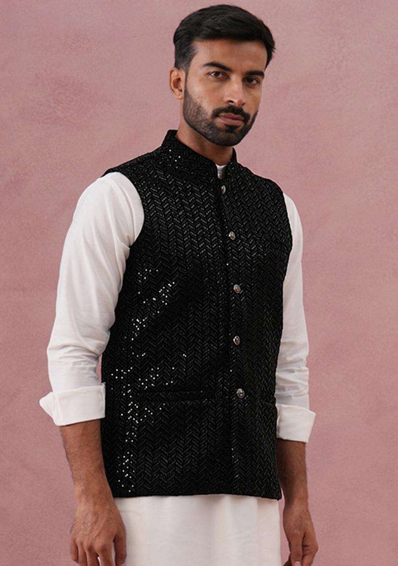 Black Embroidery Velvet Waistcoat Nehru Jacket For Men - Indya