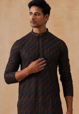 Navy Blue Floral Print Viscose Kurta For Men
