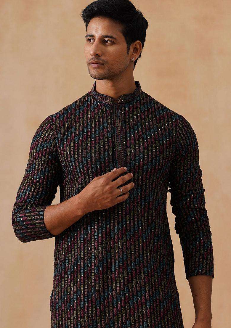 Navy Blue Floral Print Viscose Kurta For Men - Indya