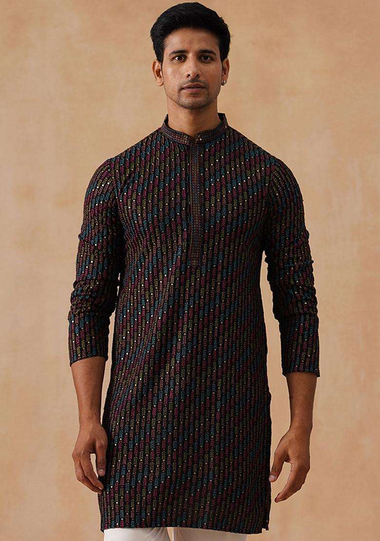 Navy Blue Floral Print Viscose Kurta For Men - Indya