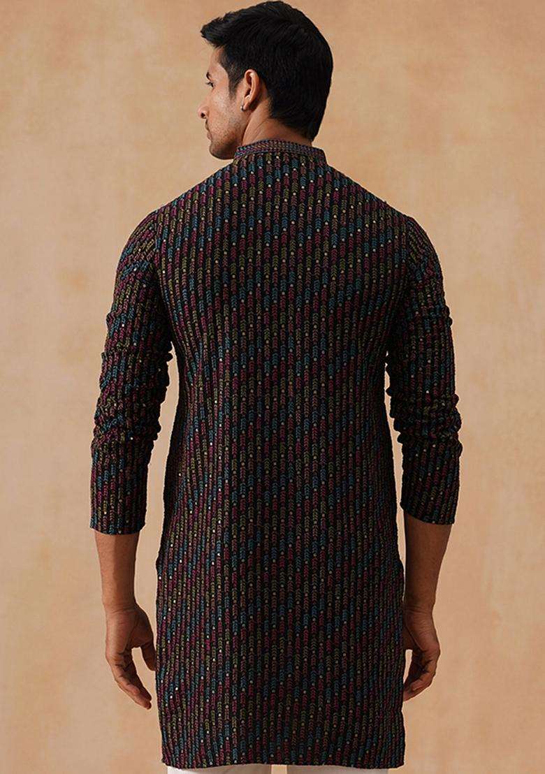 Navy Blue Floral Print Viscose Kurta For Men - Indya