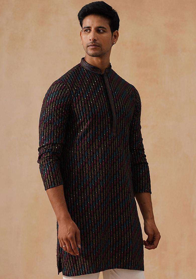 Navy Blue Floral Print Viscose Kurta For Men - Indya