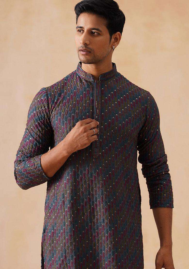 Navy Blue Floral Print Viscose Kurta For Men - Indya