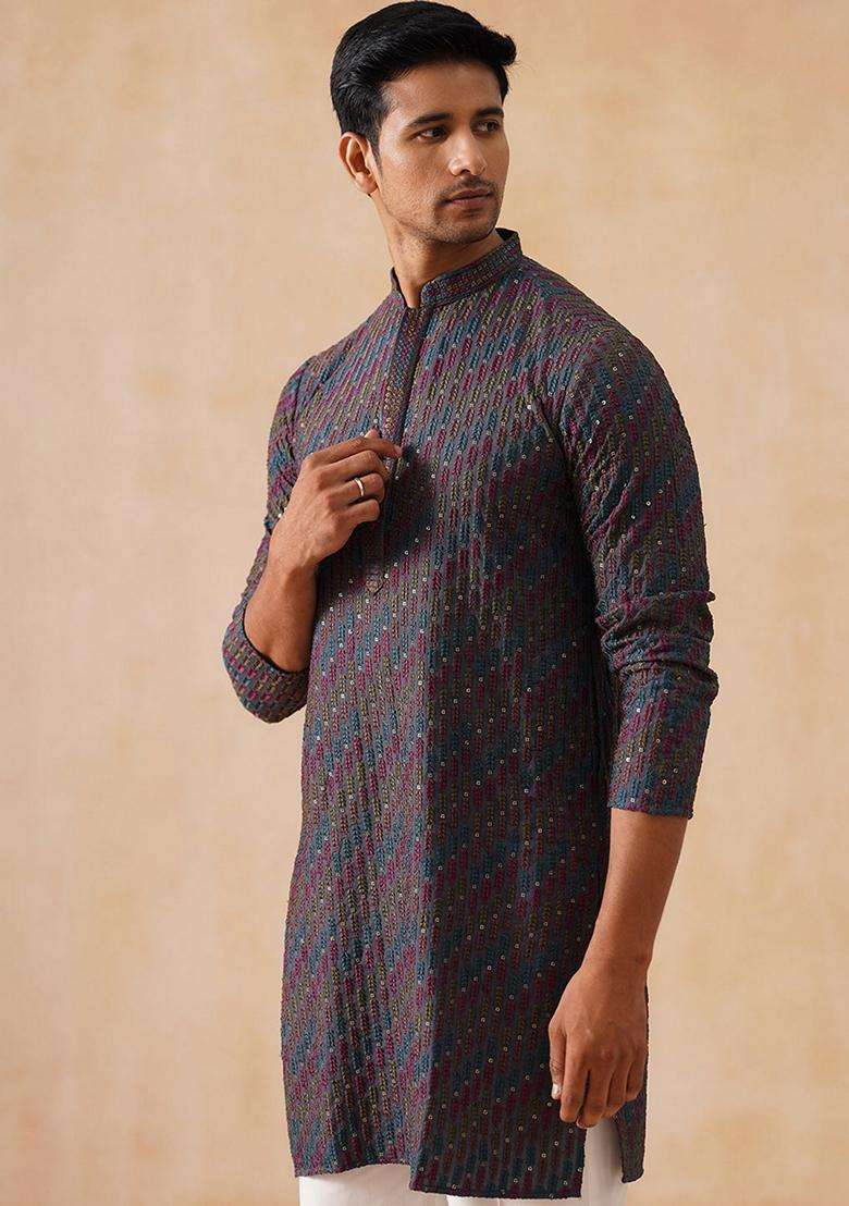 Navy Blue Floral Print Viscose Kurta For Men - Indya