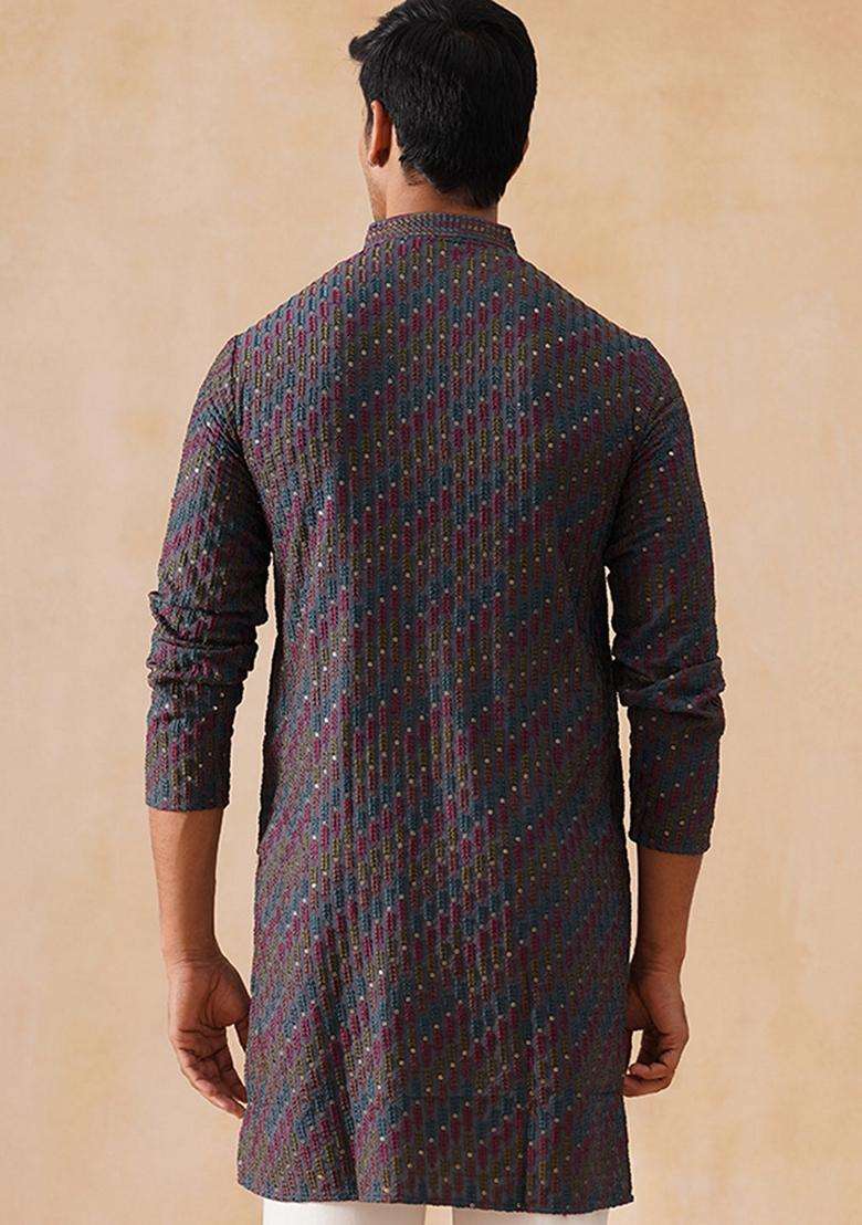 Navy Blue Floral Print Viscose Kurta For Men - Indya