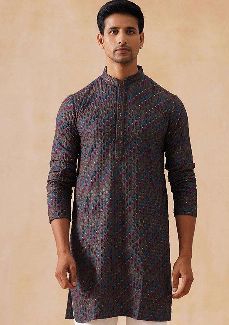 Navy Blue Floral Print Viscose Kurta For Men - Indya