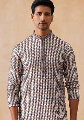 Navy Blue Floral Print Viscose Kurta For Men