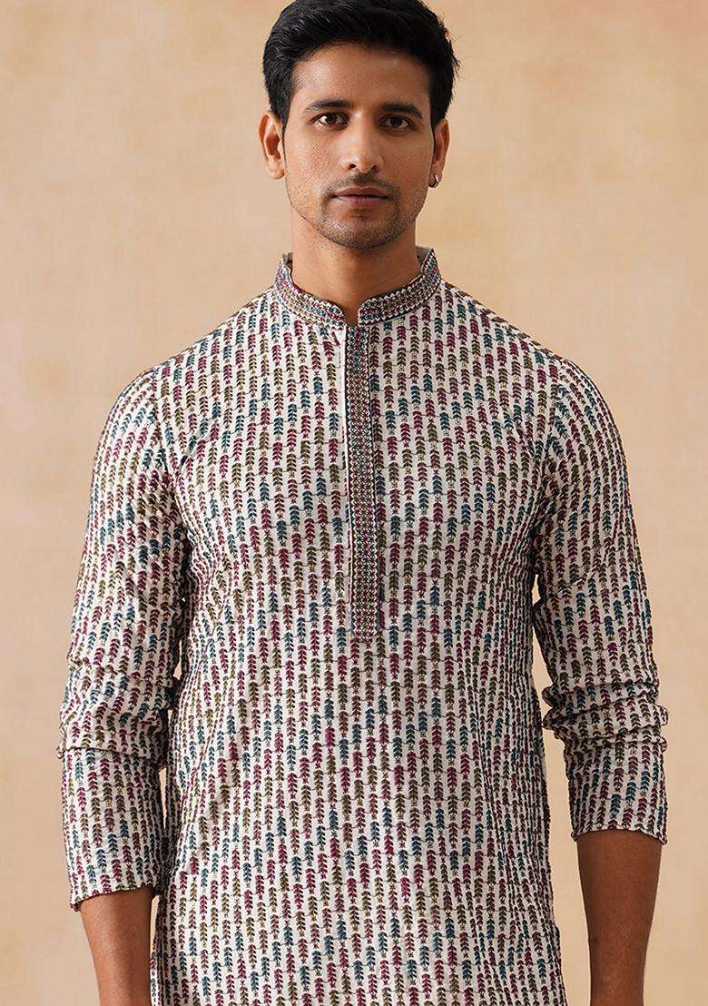 Navy Blue Floral Print Viscose Kurta For Men - Indya