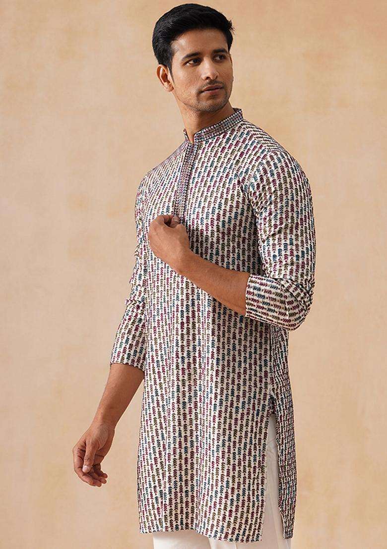 Navy Blue Floral Print Viscose Kurta For Men - Indya