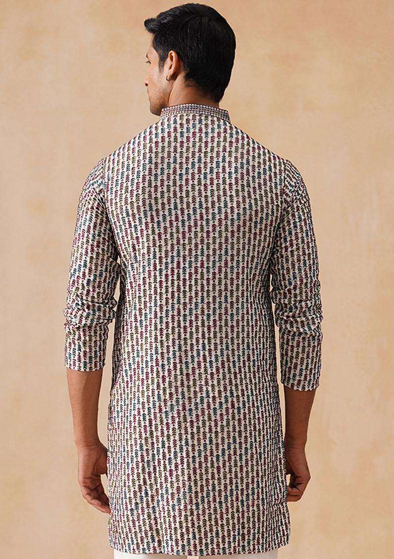 Navy Blue Floral Print Viscose Kurta For Men - Indya