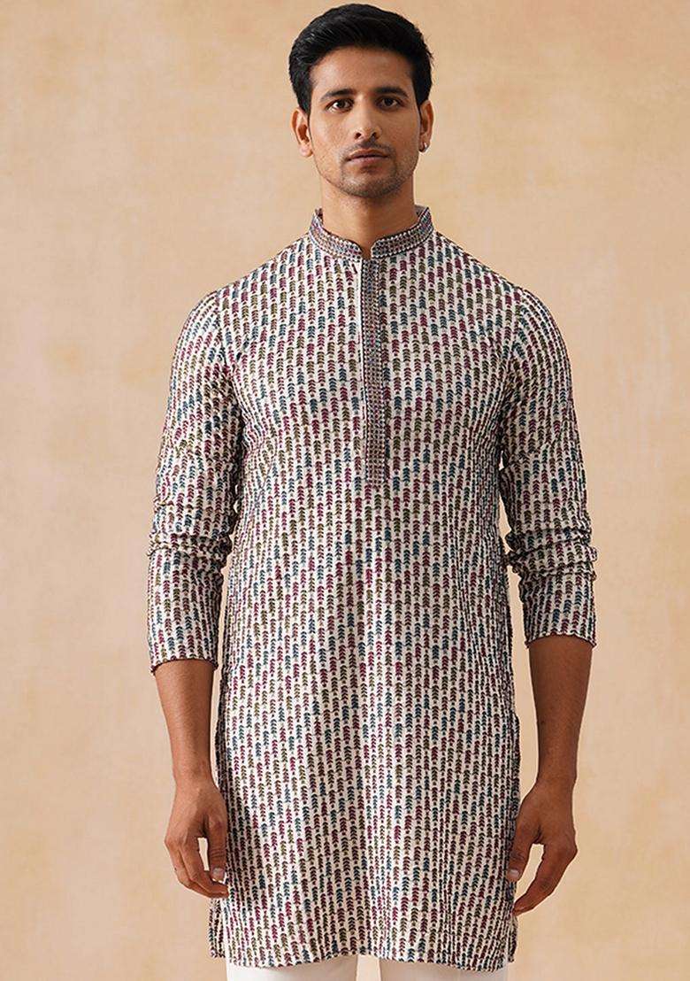 Navy Blue Floral Print Viscose Kurta For Men - Indya