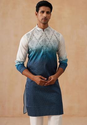 Navy Blue Floral Print Cotton Kurta For Men