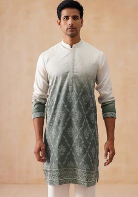 Grey Floral Print Cotton Kurta For Men