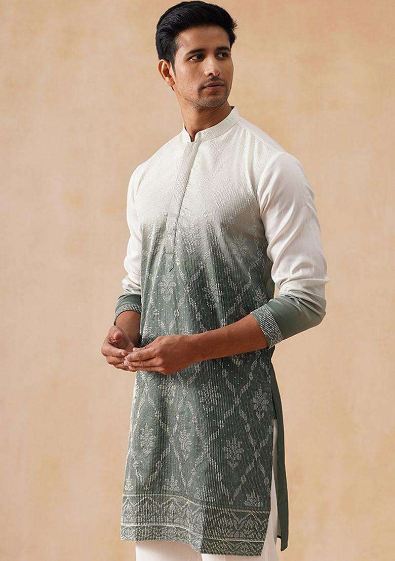 Grey Floral Print Cotton Kurta For Men - Indya