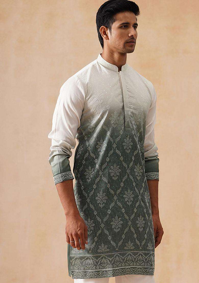 Grey Floral Print Cotton Kurta For Men - Indya