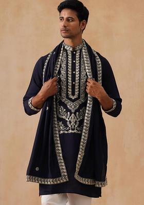 Navy Blue Floral Print Cotton Kurta For Men