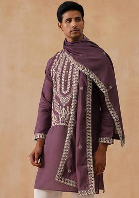 Navy Blue Floral Print Cotton Kurta For Men