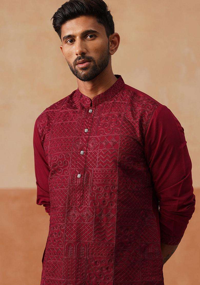 Wine Geometric Cotton Kurta For Men - Indya