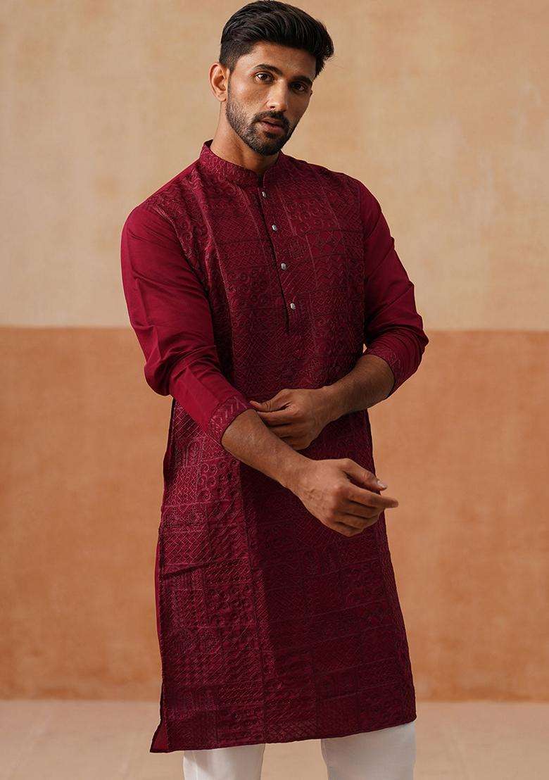 Wine Geometric Cotton Kurta For Men - Indya