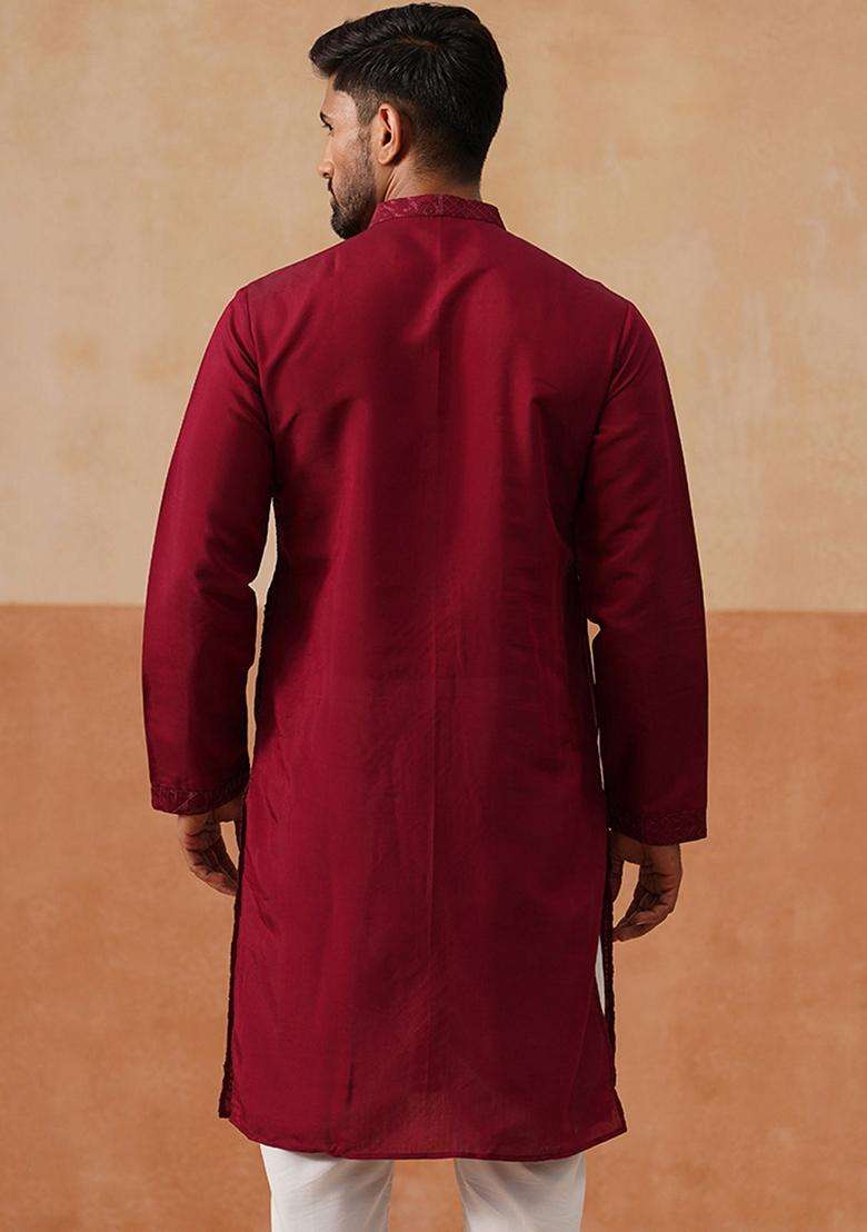 Wine Geometric Cotton Kurta For Men - Indya