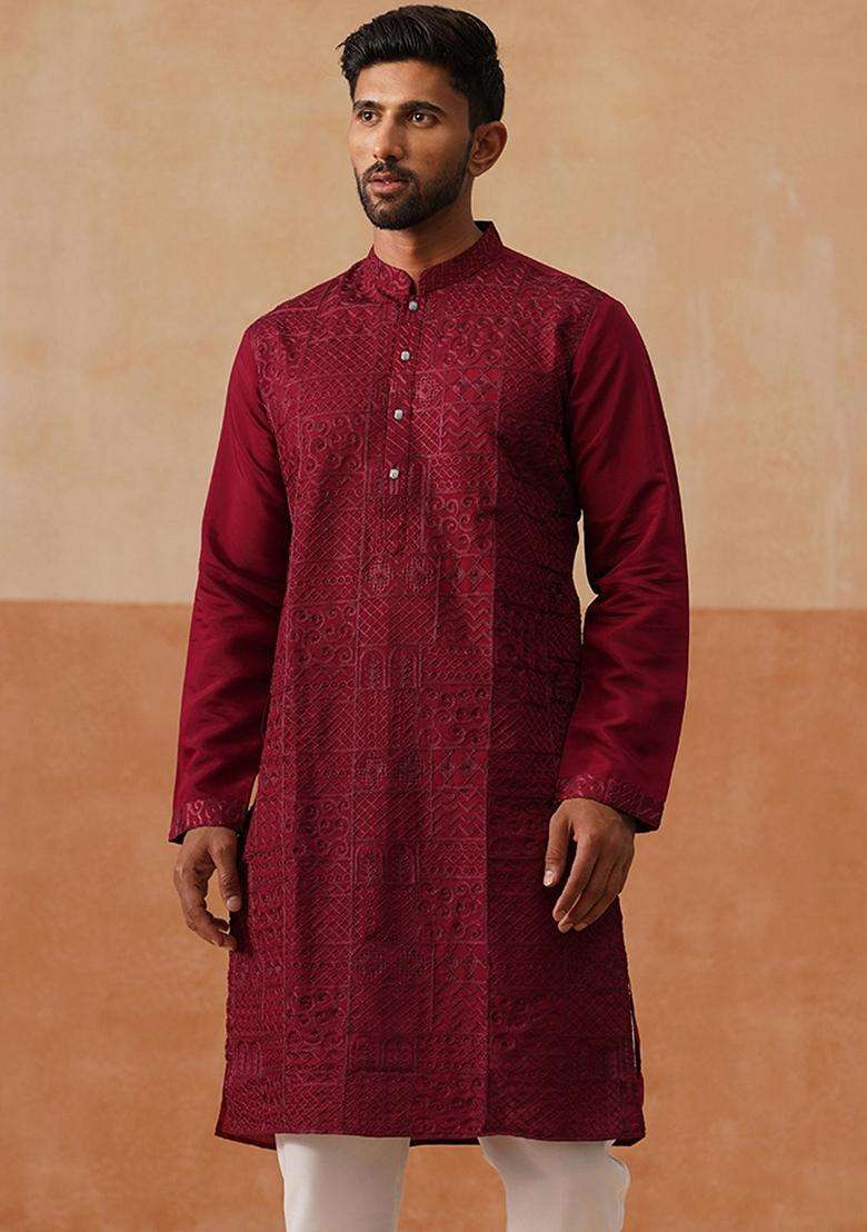 Wine Geometric Cotton Kurta For Men - Indya