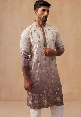 Navy Blue Floral Print Cotton Kurta For Men