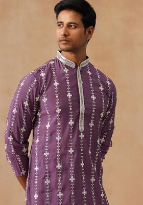 Purple Floral Print Cotton Kurta For Men
