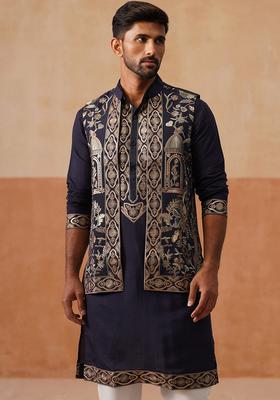 Navy Blue Embroidery Silk Blend Nehru Jacket Kurta Set For Men