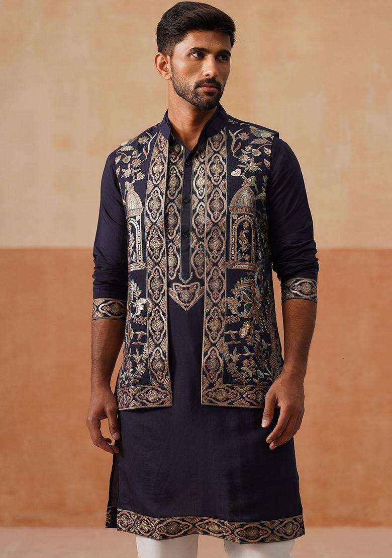 Navy Blue Embroidery Silk Blend Nehru Jacket Kurta Set For Men - Indya