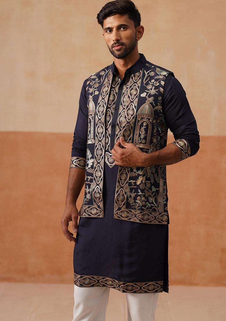Navy Blue Embroidery Silk Blend Nehru Jacket Kurta Set For Men - Indya