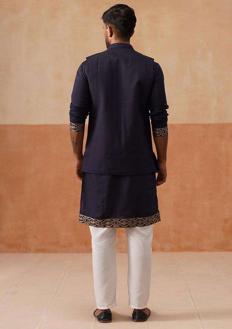 Navy Blue Embroidery Silk Blend Nehru Jacket Kurta Set For Men - Indya