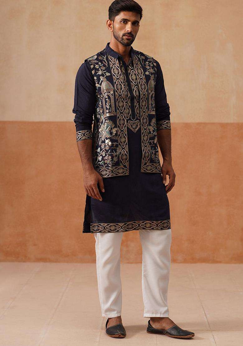 Navy Blue Embroidery Silk Blend Nehru Jacket Kurta Set For Men - Indya