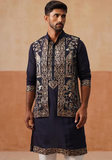Navy Blue Embroidery Silk Blend Nehru Jacket Kurta Set For Men