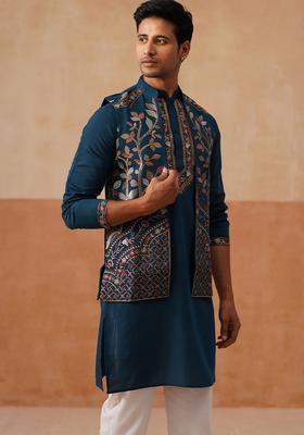 Navy Blue Embroidery Silk Nehru Jacket Kurta Set For Men